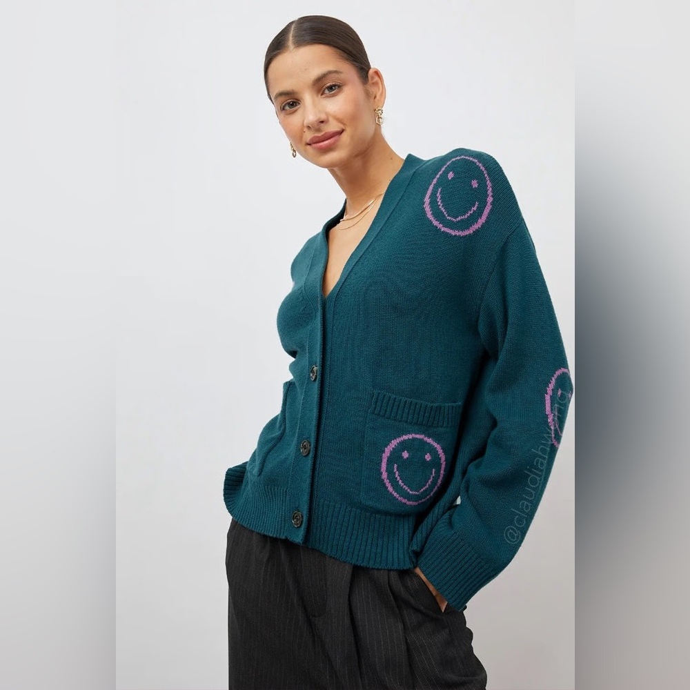 RAILS Reese Intarsia Wool Cardigan in Forest Smiles S